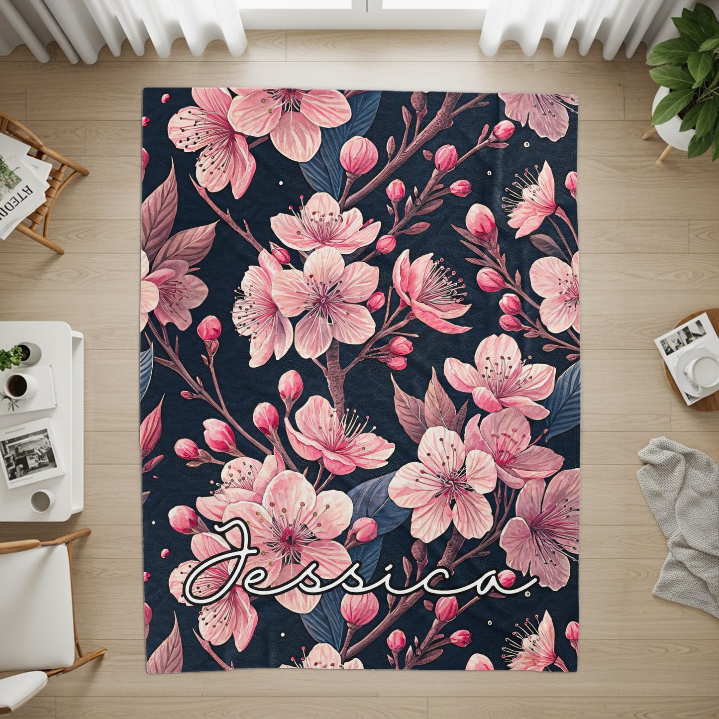 Floral Custom Name Blanket With Pretty Pink Blooms Design - Walk Greener