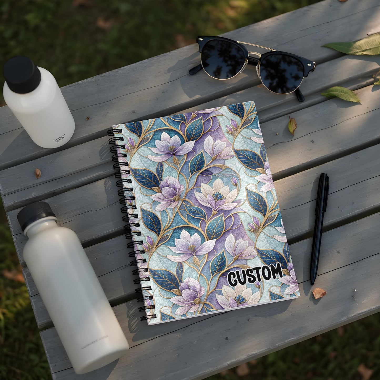 Custom Floral Spiral Notebook with Purple and Blue Flowers