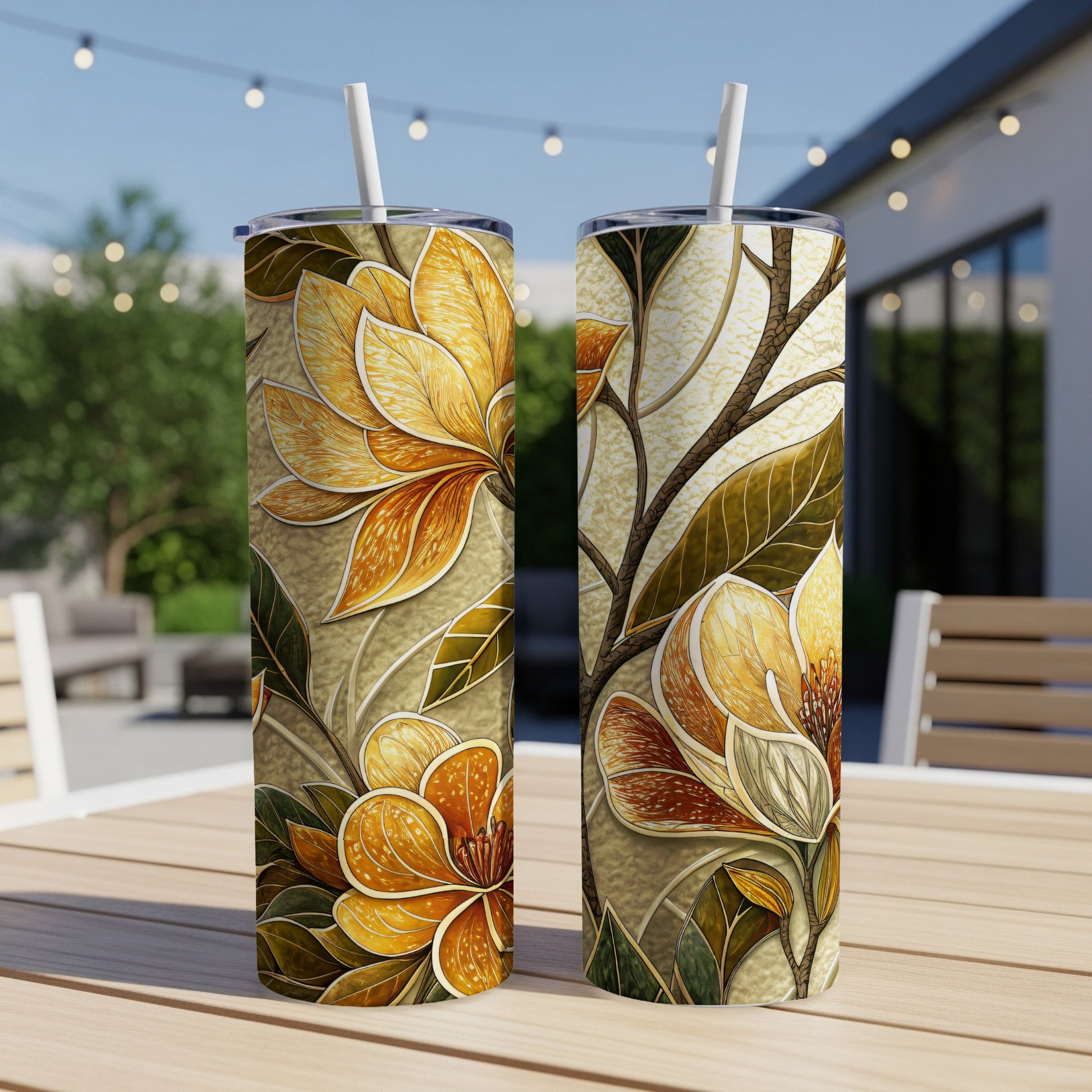 Golden Floral Bloom Delightful Botanical Decor 20 oz Skinny Tumbler - Walk Greener