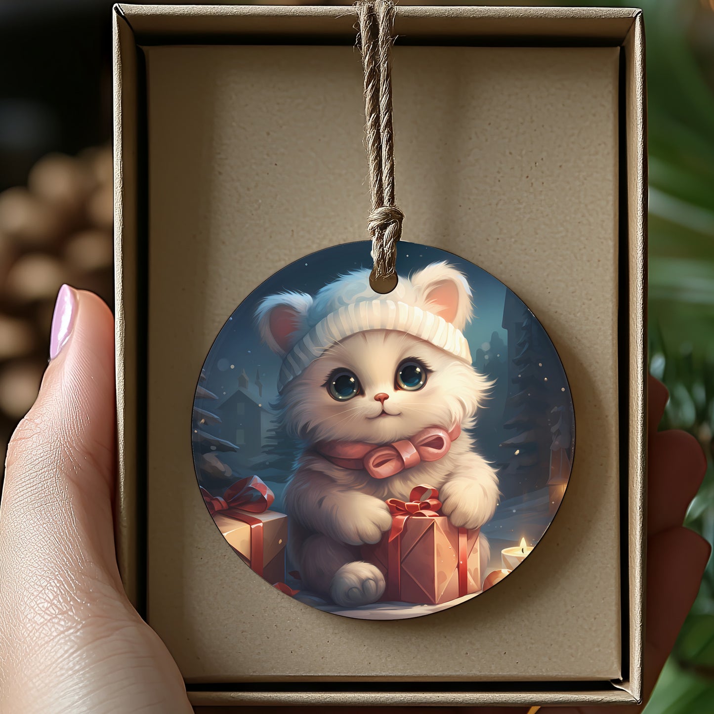 Adorable Kitten with Presents Christmas Ornament product