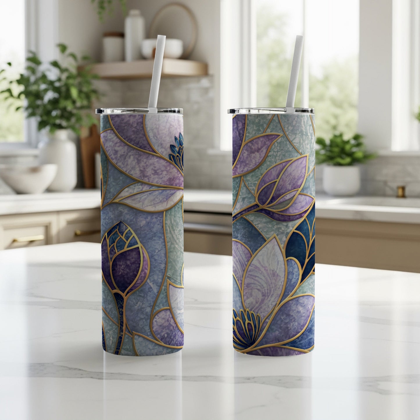 Elegant Floral Stained Glass Design 20 oz Skinny Tumbler - Walk Greener