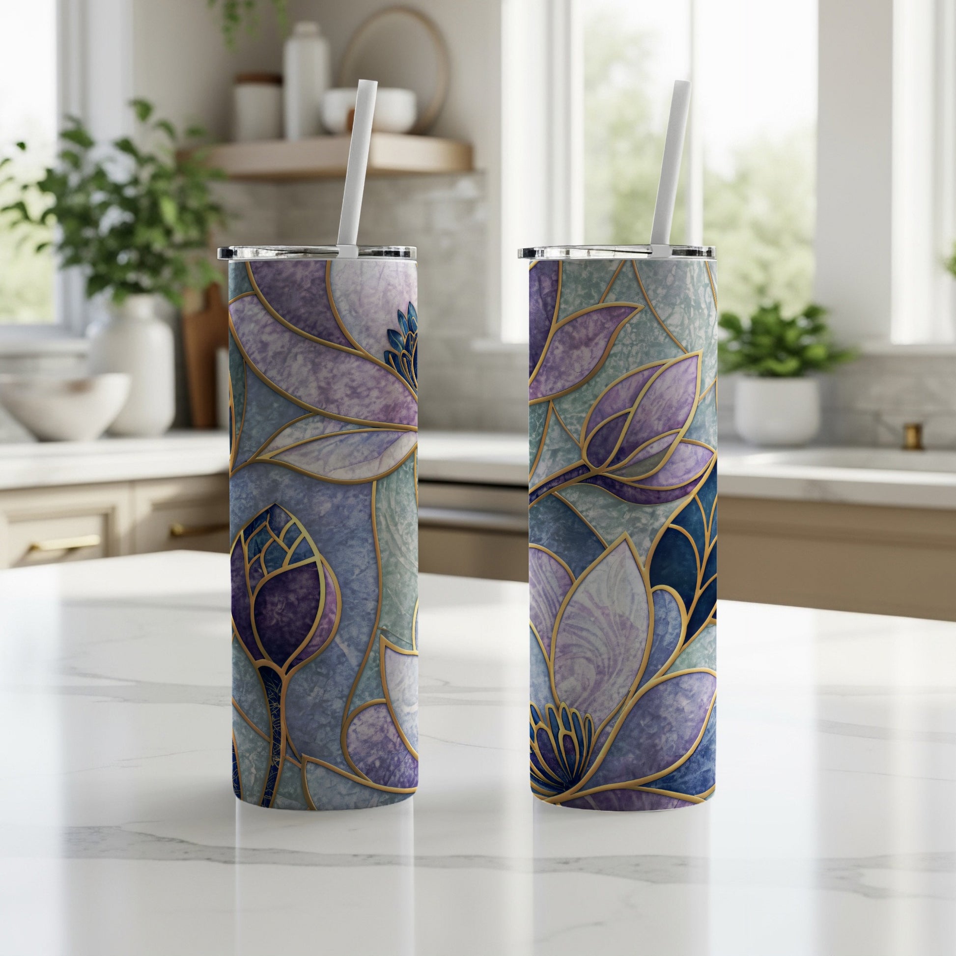 Elegant Floral Stained Glass Design 20 oz Skinny Tumbler - Walk Greener