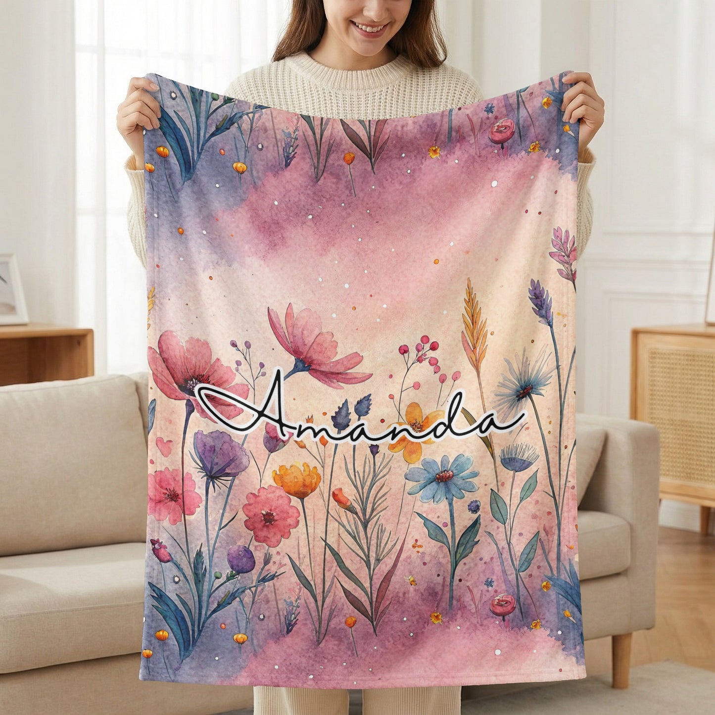 Personalized Floral Name Blanket with Pastel Watercolor Design