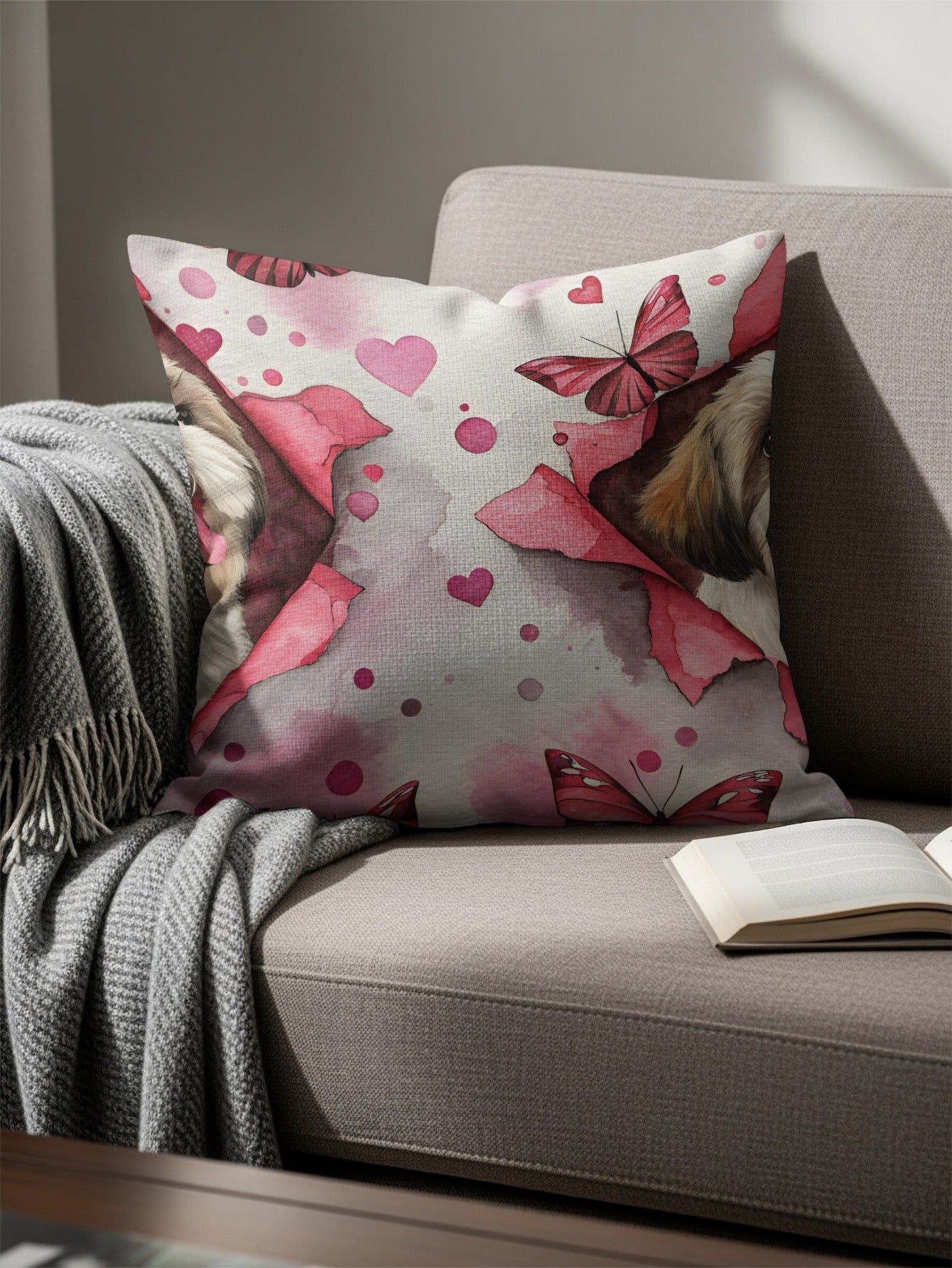Cute Puppy with Pink Butterflies on Throw Pillow