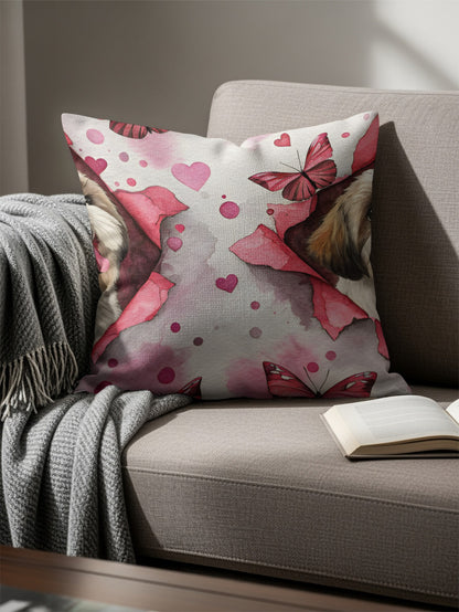 Cute Puppy with Pink Butterflies on Throw Pillow