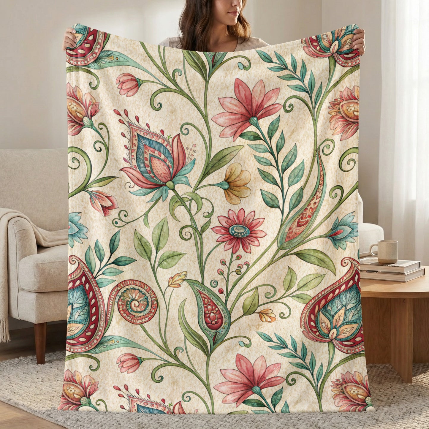 Ornate Floral Design Detailed Watercolor Velveteen Plush Blankets - Walk Greener
