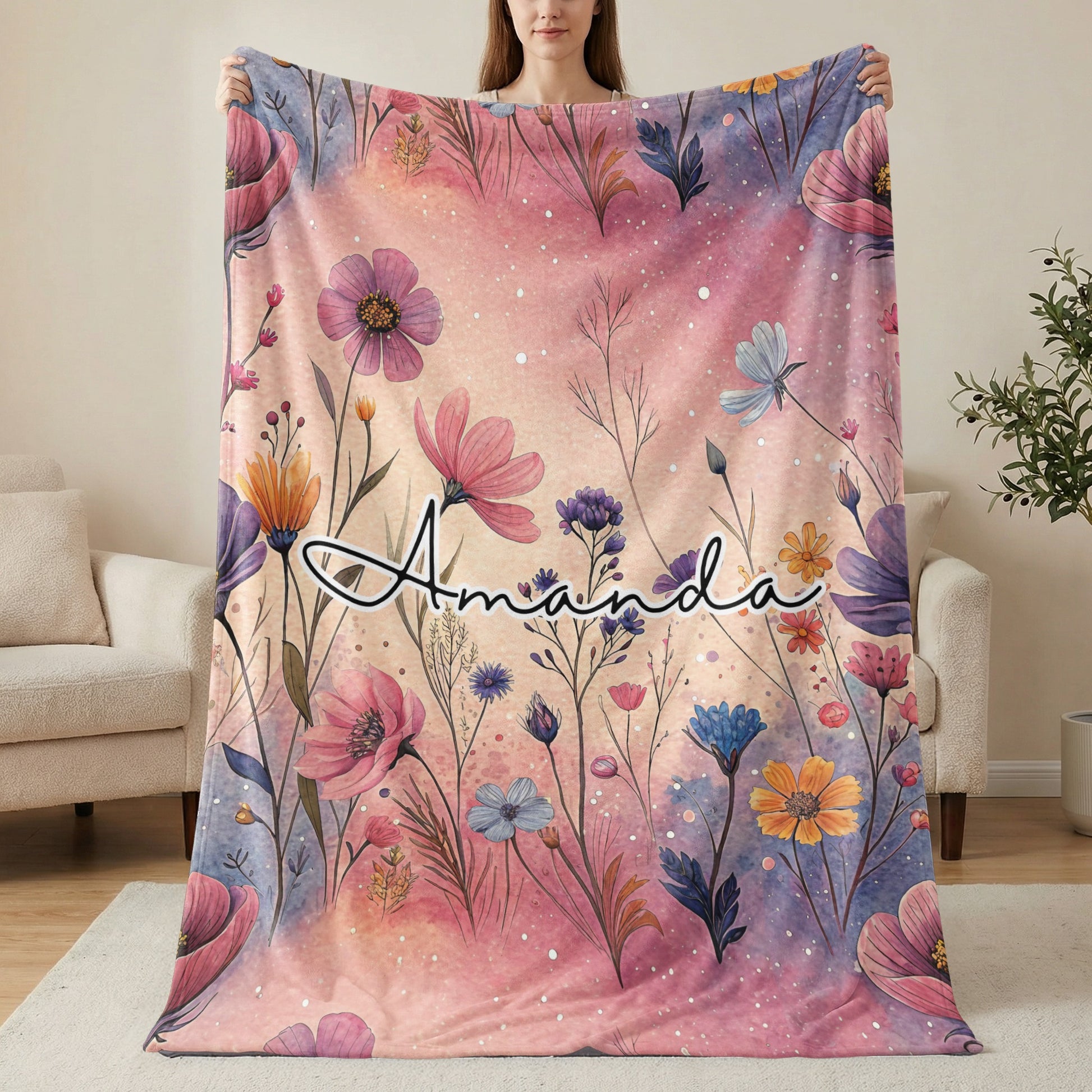Personalized Floral Print Blanket with Custom Name Design