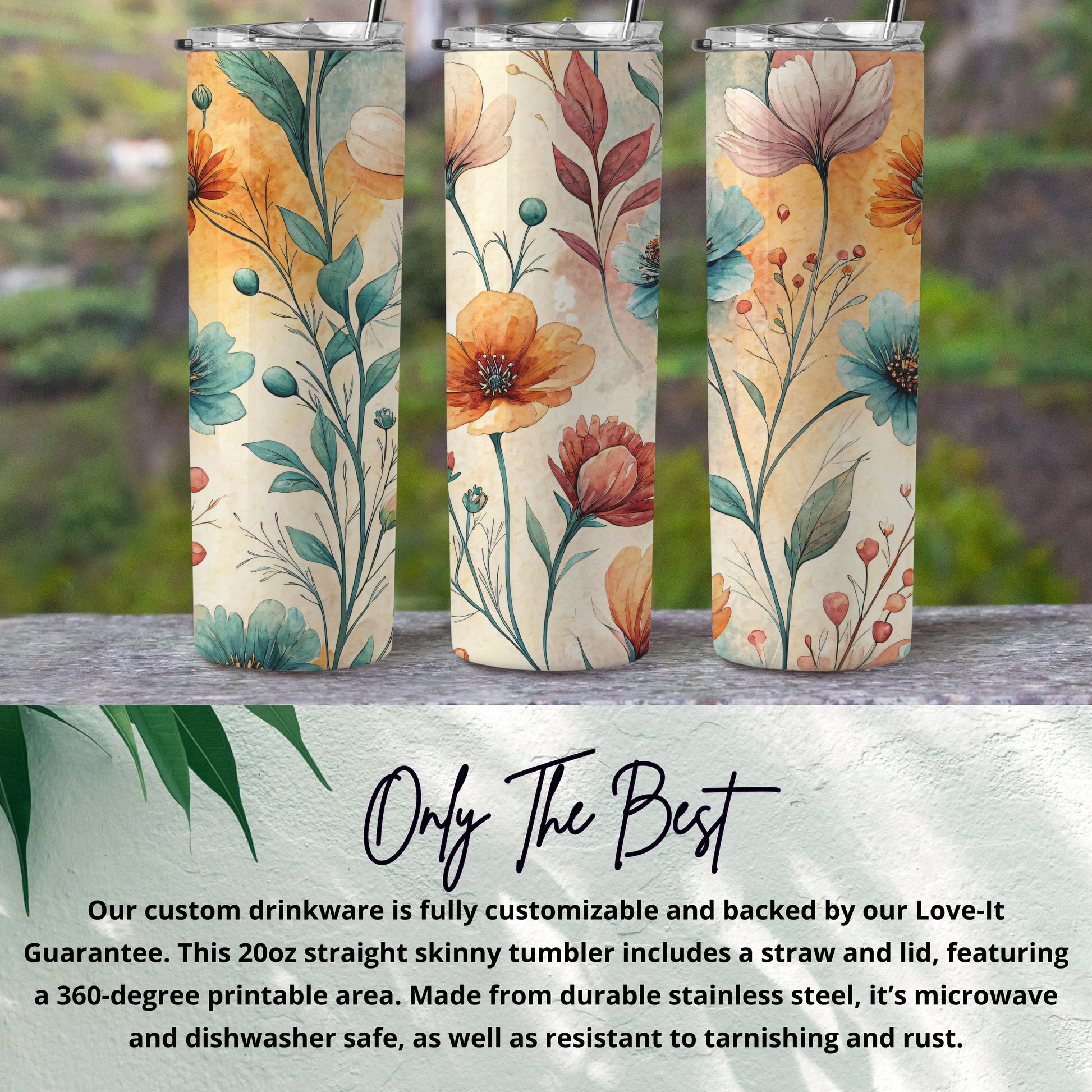 Watercolor Floral Pattern Botanical 20 oz Skinny Tumbler - Walk Greener