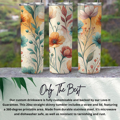 Watercolor Floral Pattern Botanical 20 oz Skinny Tumbler - Walk Greener