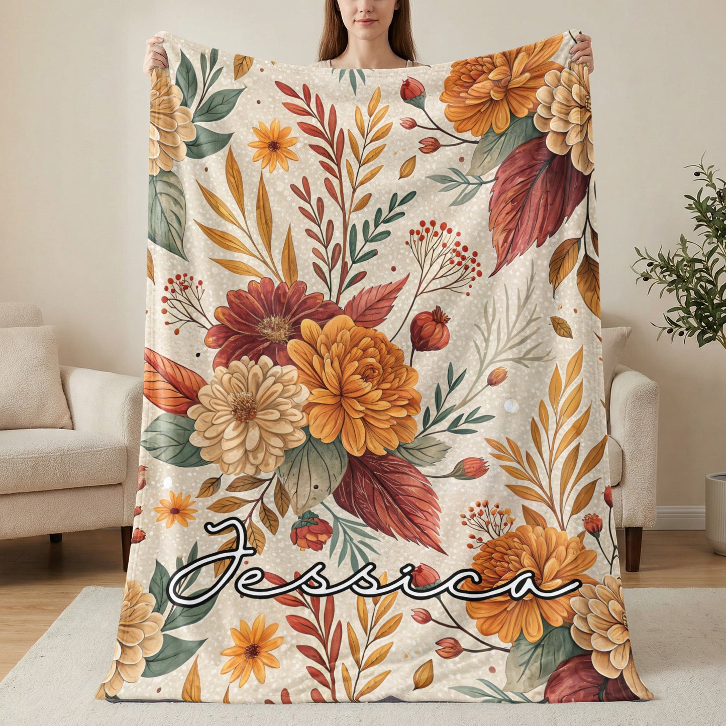 Personalized Autumn Floral Jessica Name Customized Blanket