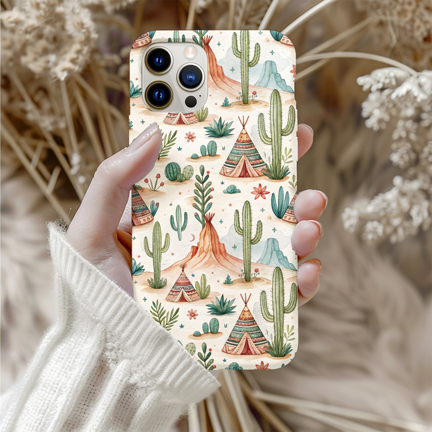 Watercolor Desert Landscape with Tipi Pattern Custom Phone Case - Walk Greener