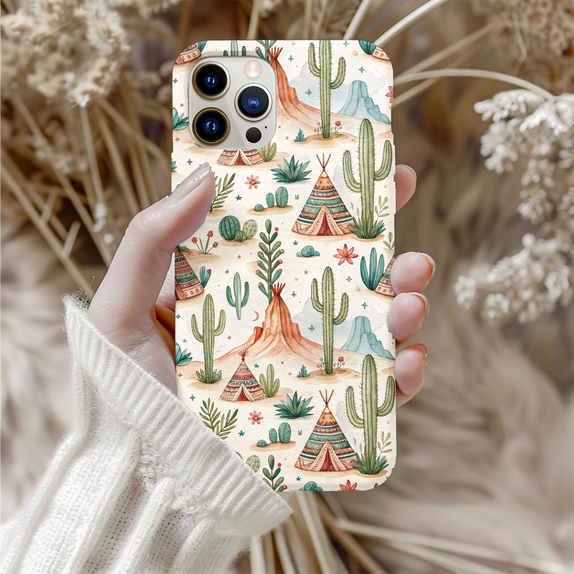 Watercolor Desert Landscape with Tipi Pattern Custom Phone Case - Walk Greener