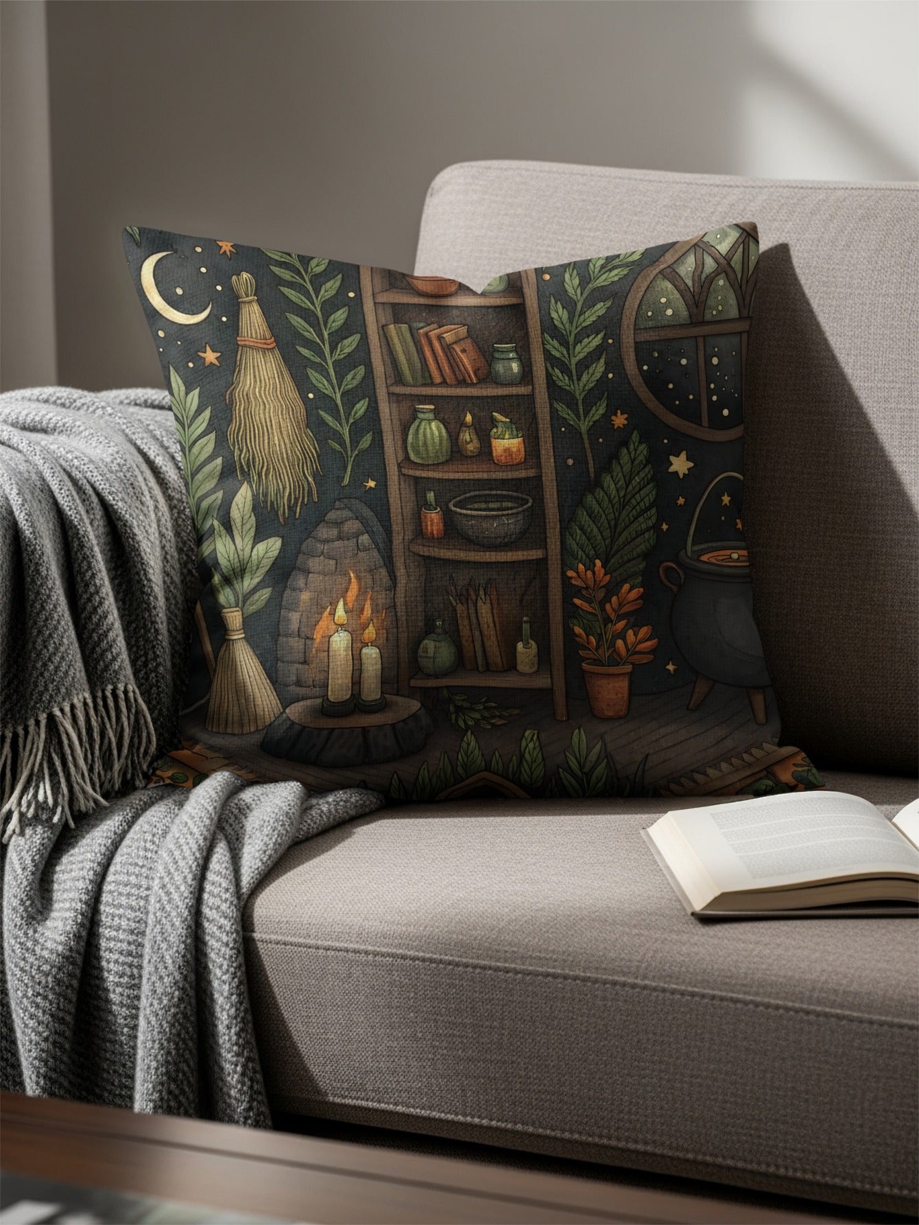 Cozy Witch Cottage with Cauldron and Candle Throw Pillows - Walk Greener