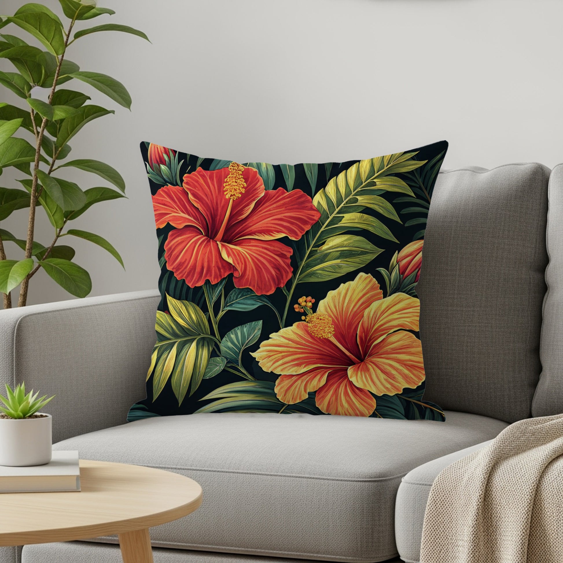 Tropical Hibiscus Flower and Palm Leaves Design Decorative Floral Throw Pillows - Walk Greener