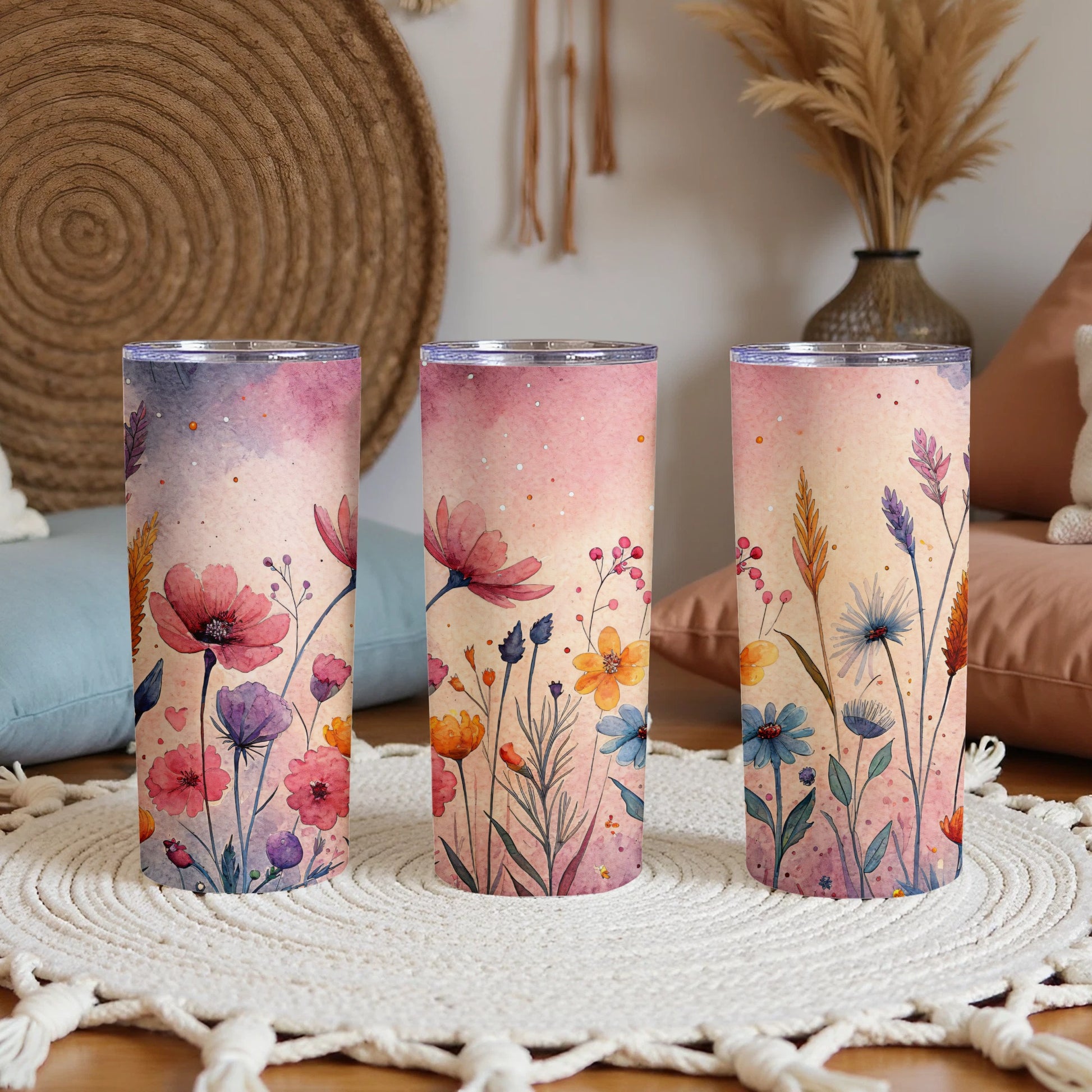 Watercolor Floral Field On Light Pink 20 oz Skinny Tumbler - Walk Greener