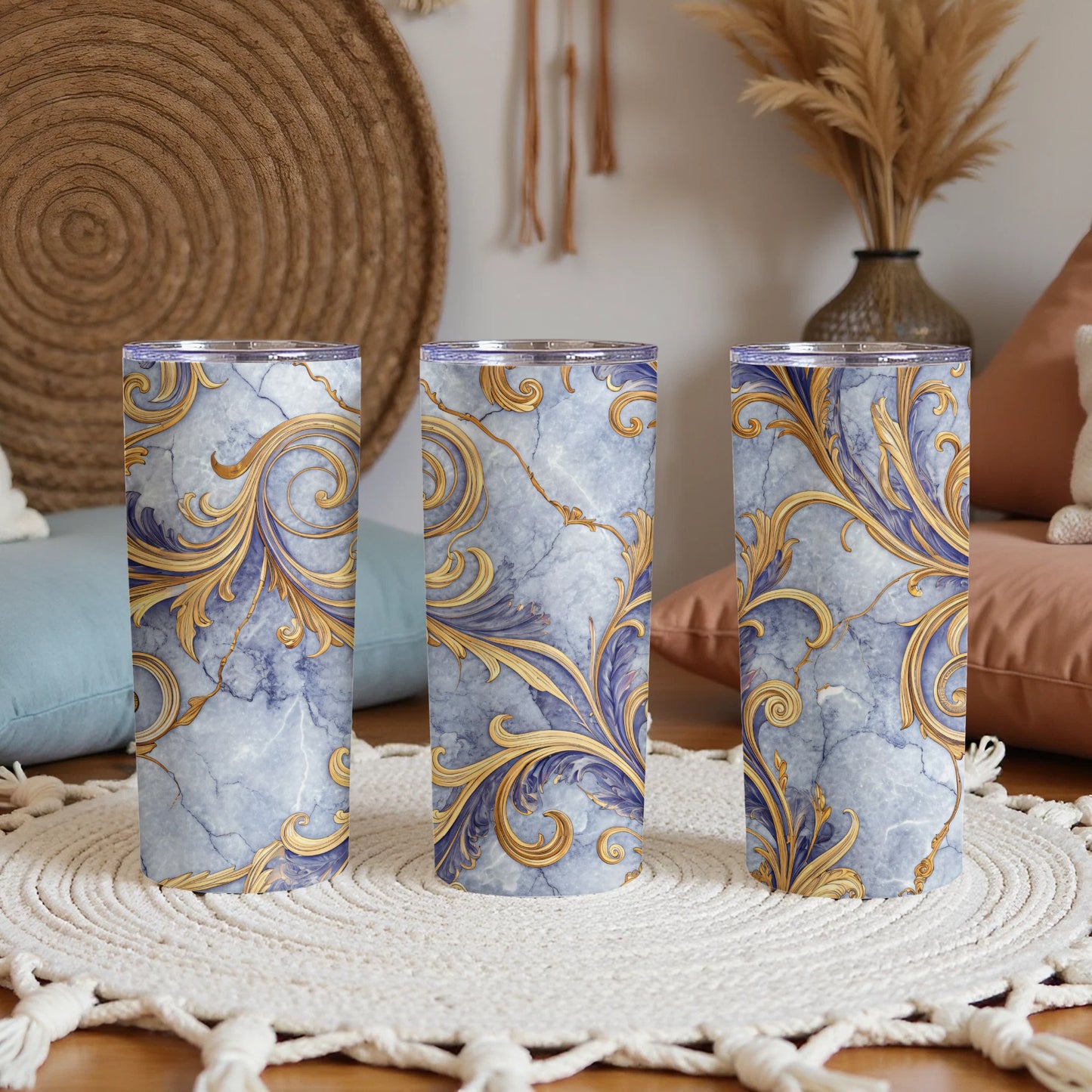 Elegant Blue and Gold Patterned Drinkware Set