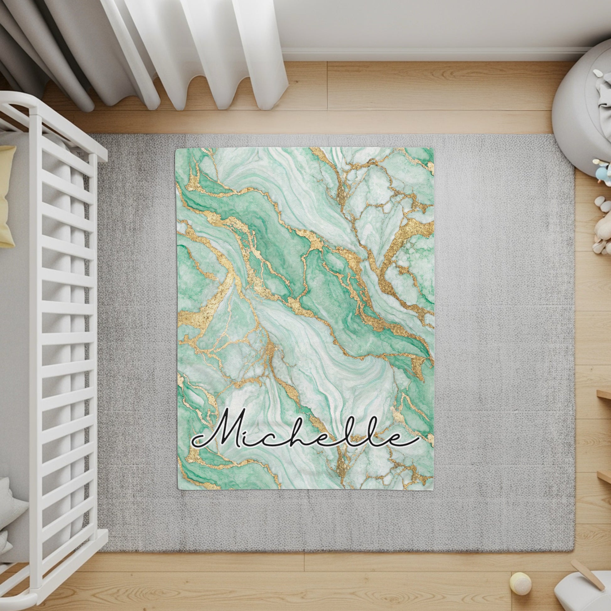 Custom Green and Gold Marble Design Nursery Rug