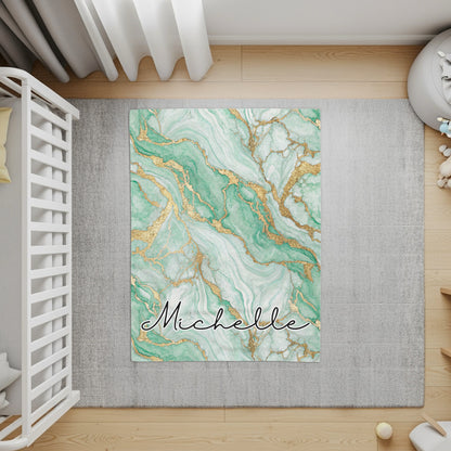Custom Green and Gold Marble Design Nursery Rug
