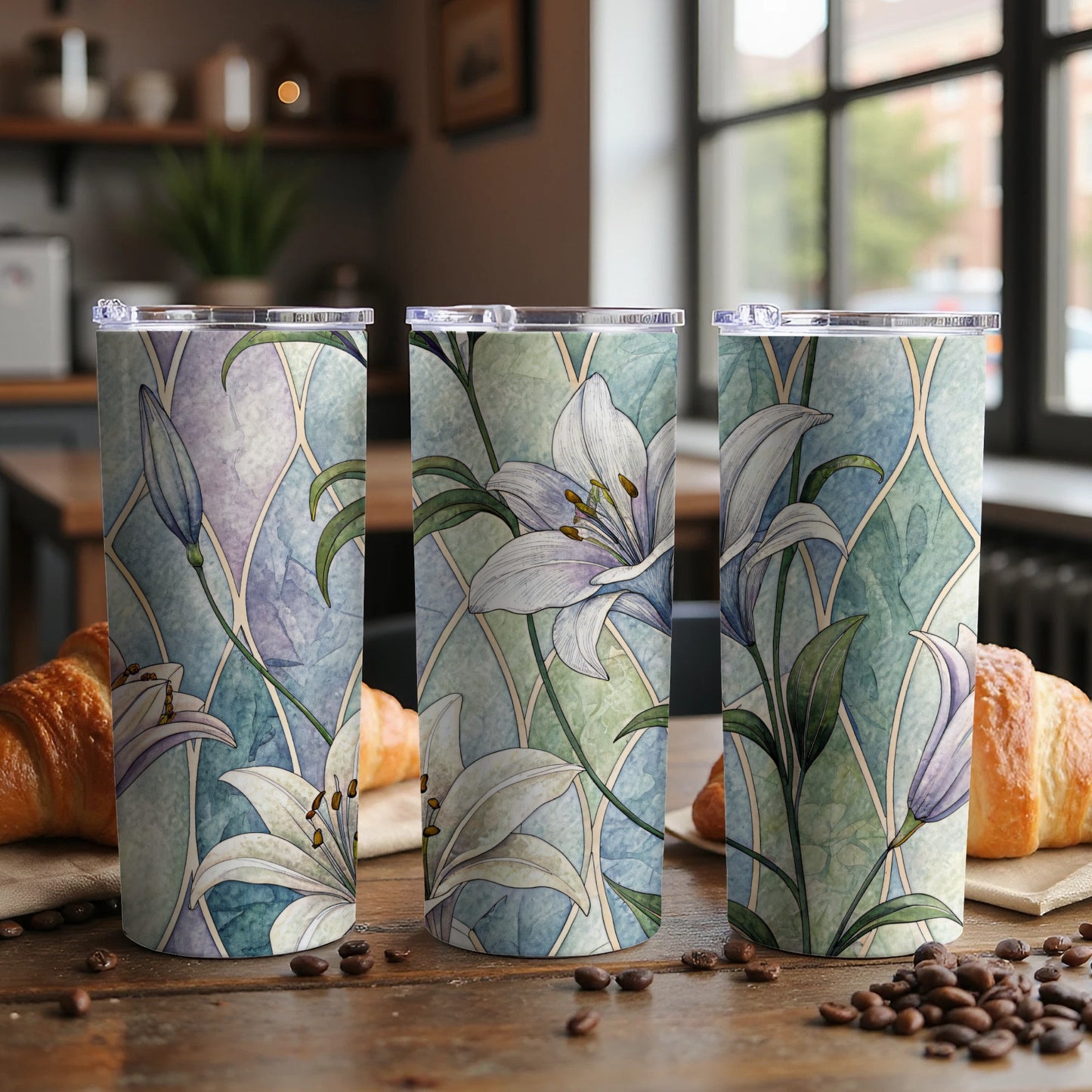 White Lilies Floral Design On Geometric Pattern 20 oz Skinny Tumbler - Walk Greener
