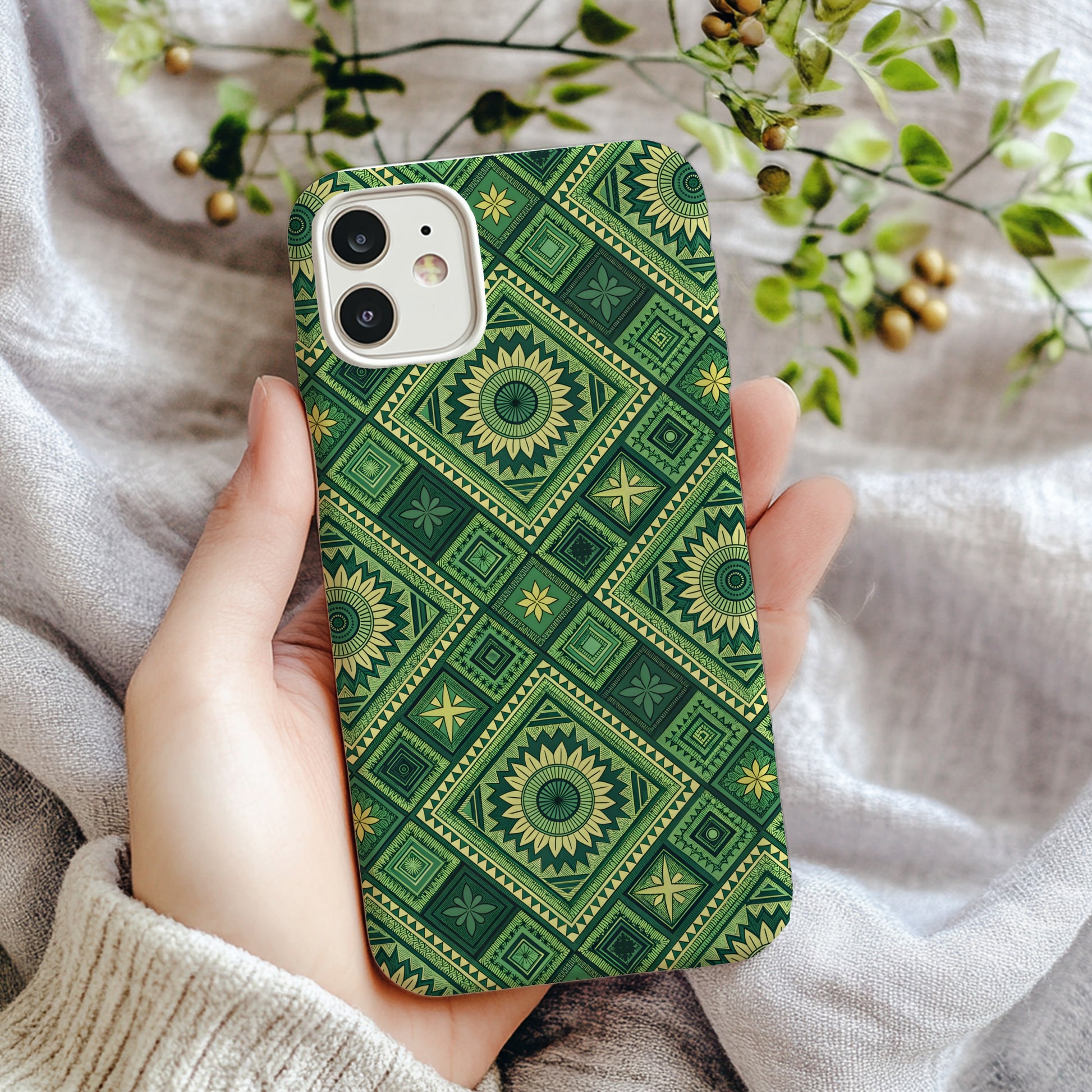 Geometric Green and Yellow Pattern with Custom Name Case - Walk Greener