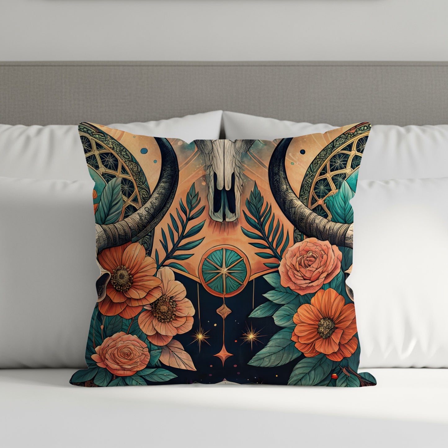 Decorative Floral Bull Skull Accent Cushion Pillow