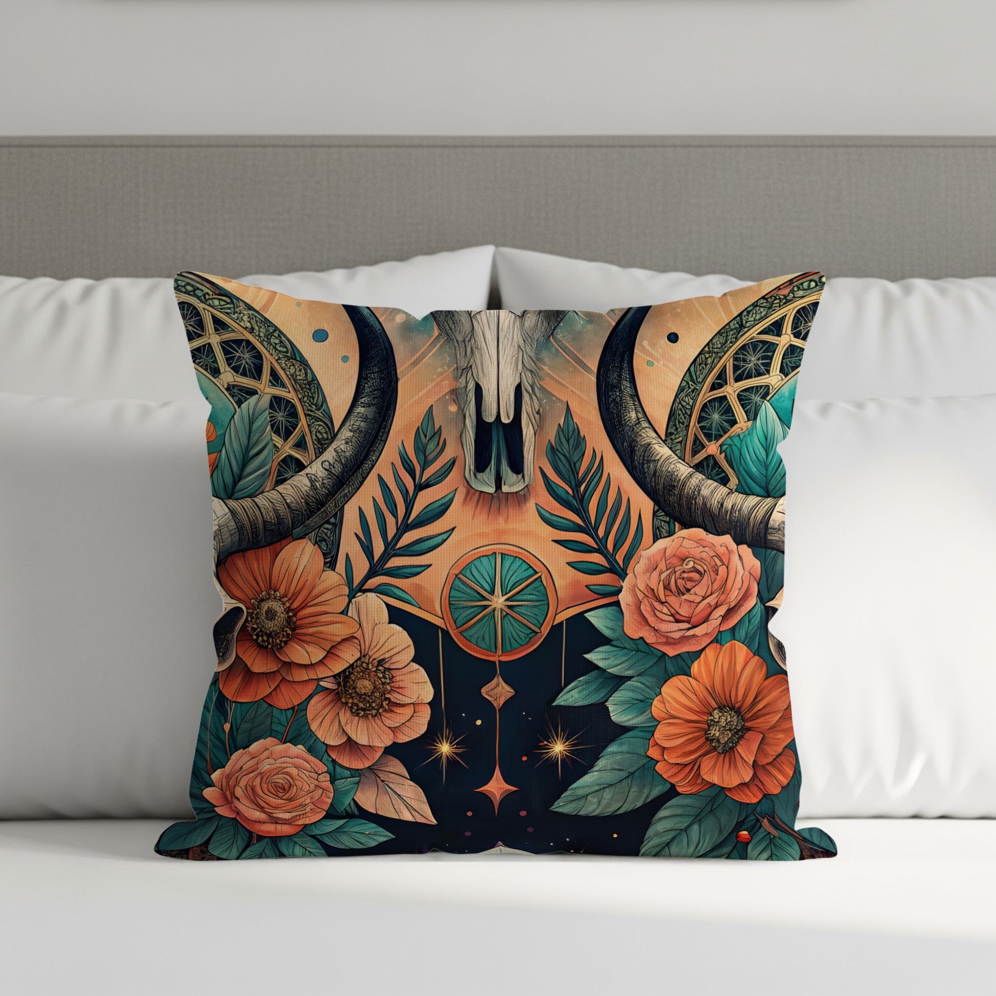 Decorative Floral Bull Skull Accent Cushion Pillow