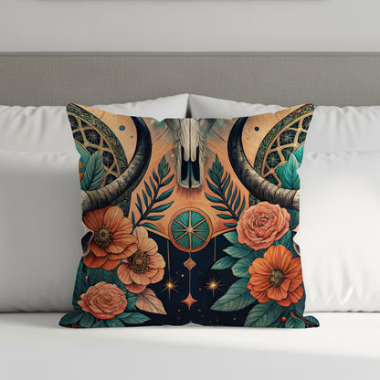 Decorative Floral Bull Skull Accent Cushion Pillow