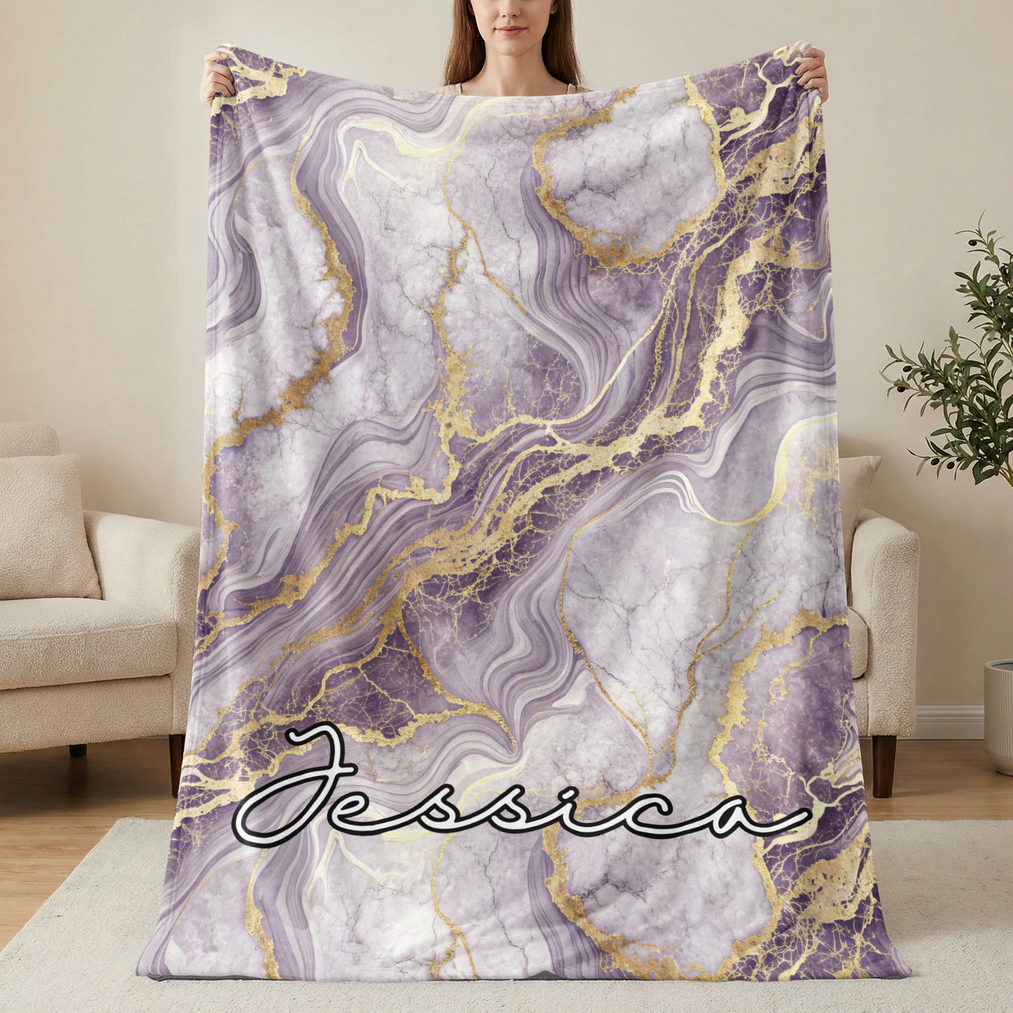 Custom Purple and Gold Marble Blanket with Name Design