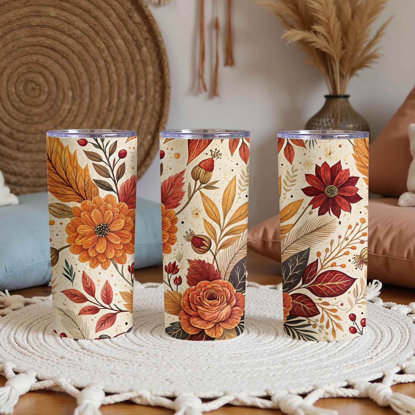 Autumn Floral Patterned Tumblers with Fall Leaves Design