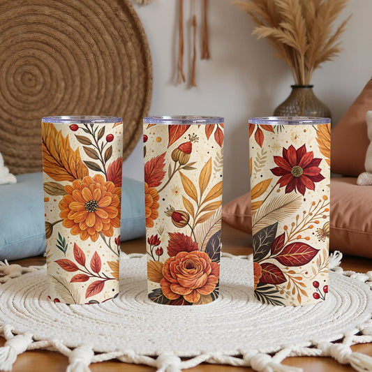 Autumn Floral Patterned Tumblers with Fall Leaves Design