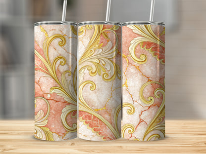 Elegant Ornamental Marble Design Tumbler with Straw