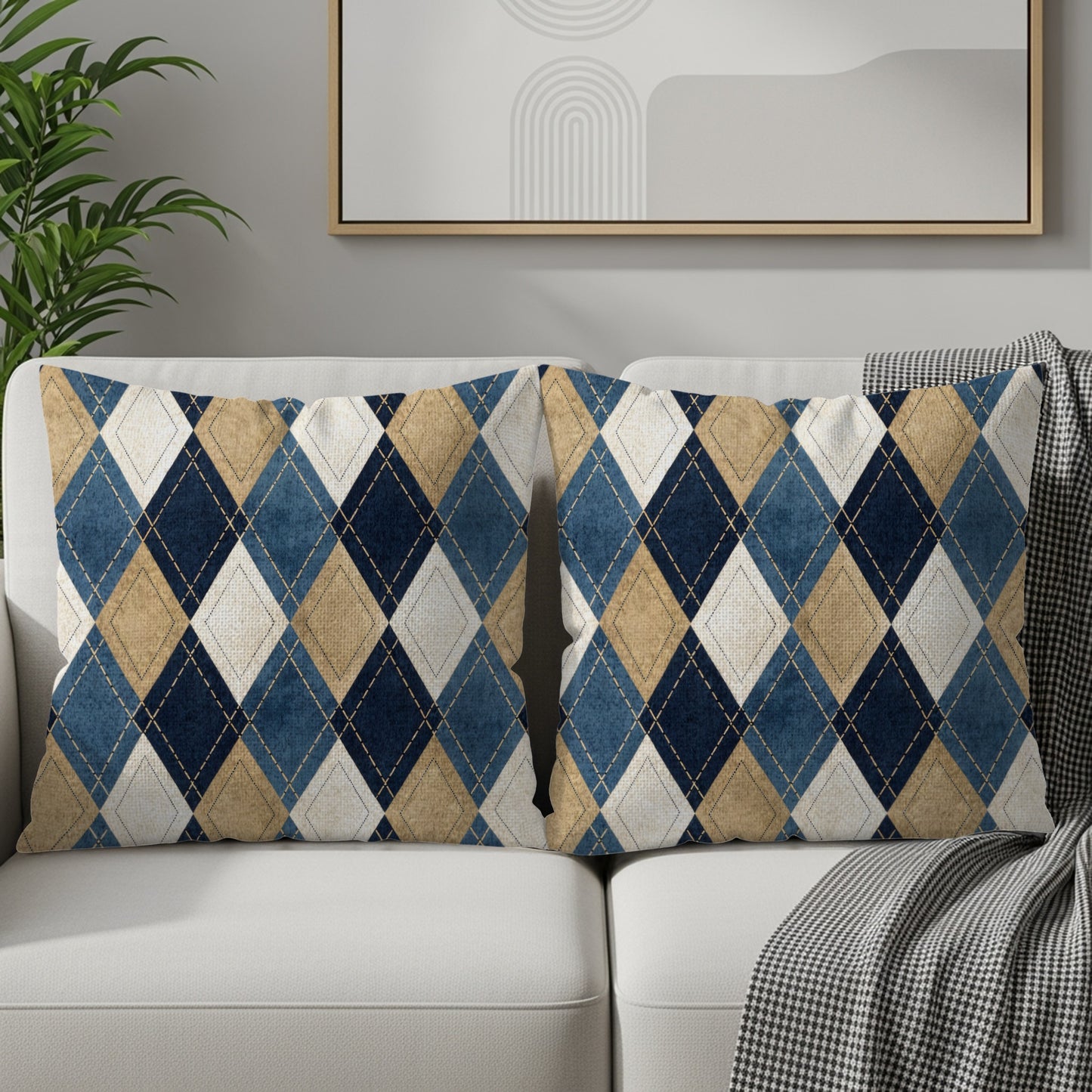 Elegant Blue and Gold Argyle Pattern Cushion Covers