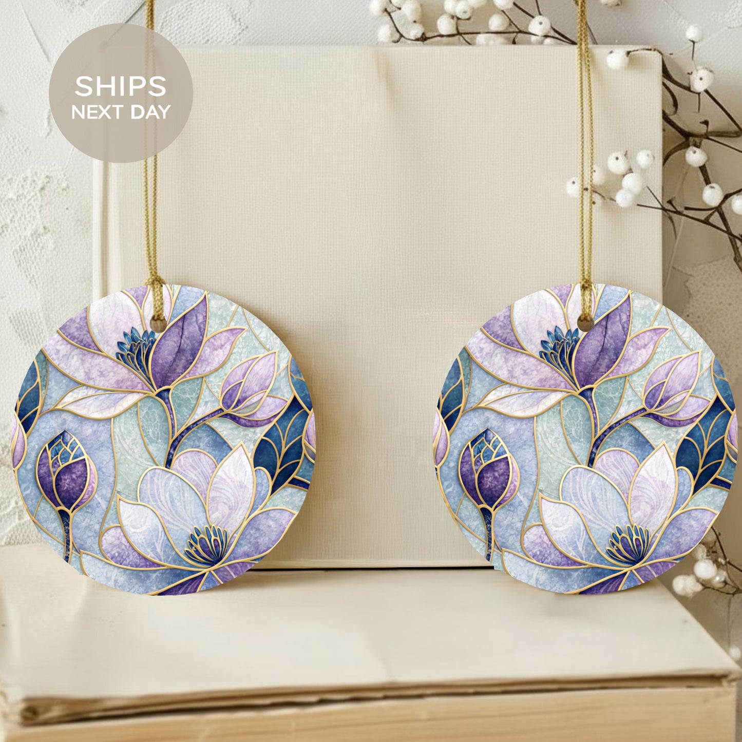 Purple Blue Floral Pattern Ornament Christmas Decor