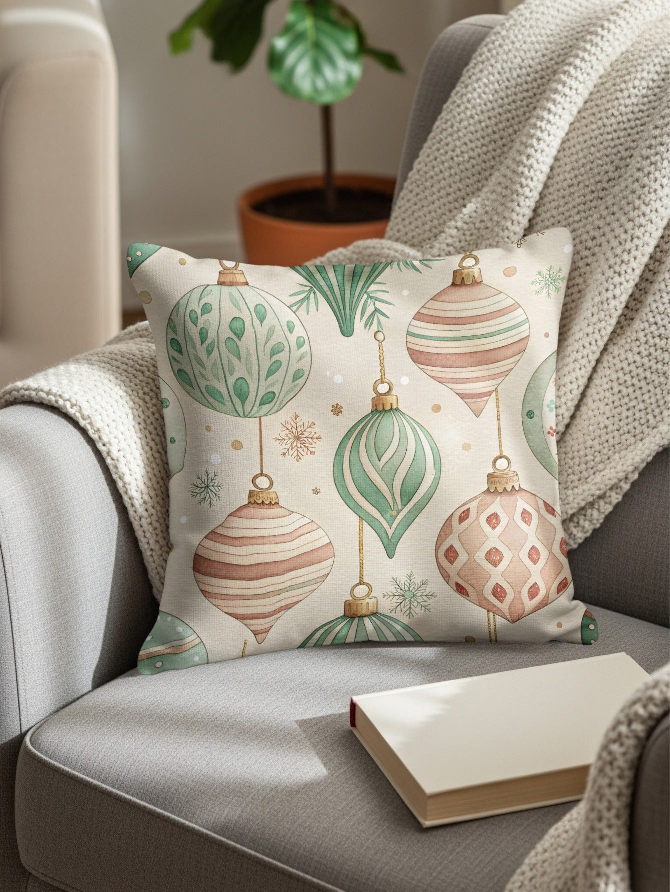 Festive Green and Red Ornaments Holiday Pillow