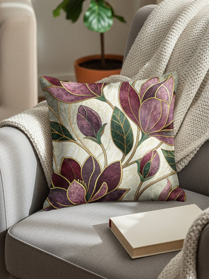 Maroon Flowers Golden Outlines on White Pattern Throw Pillows - Walk Greener