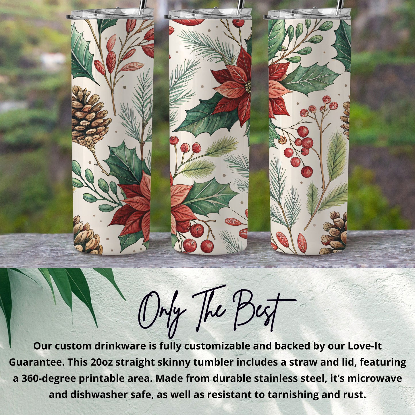 Festive Pinecone and Poinsettia Skinny Tumbler Product