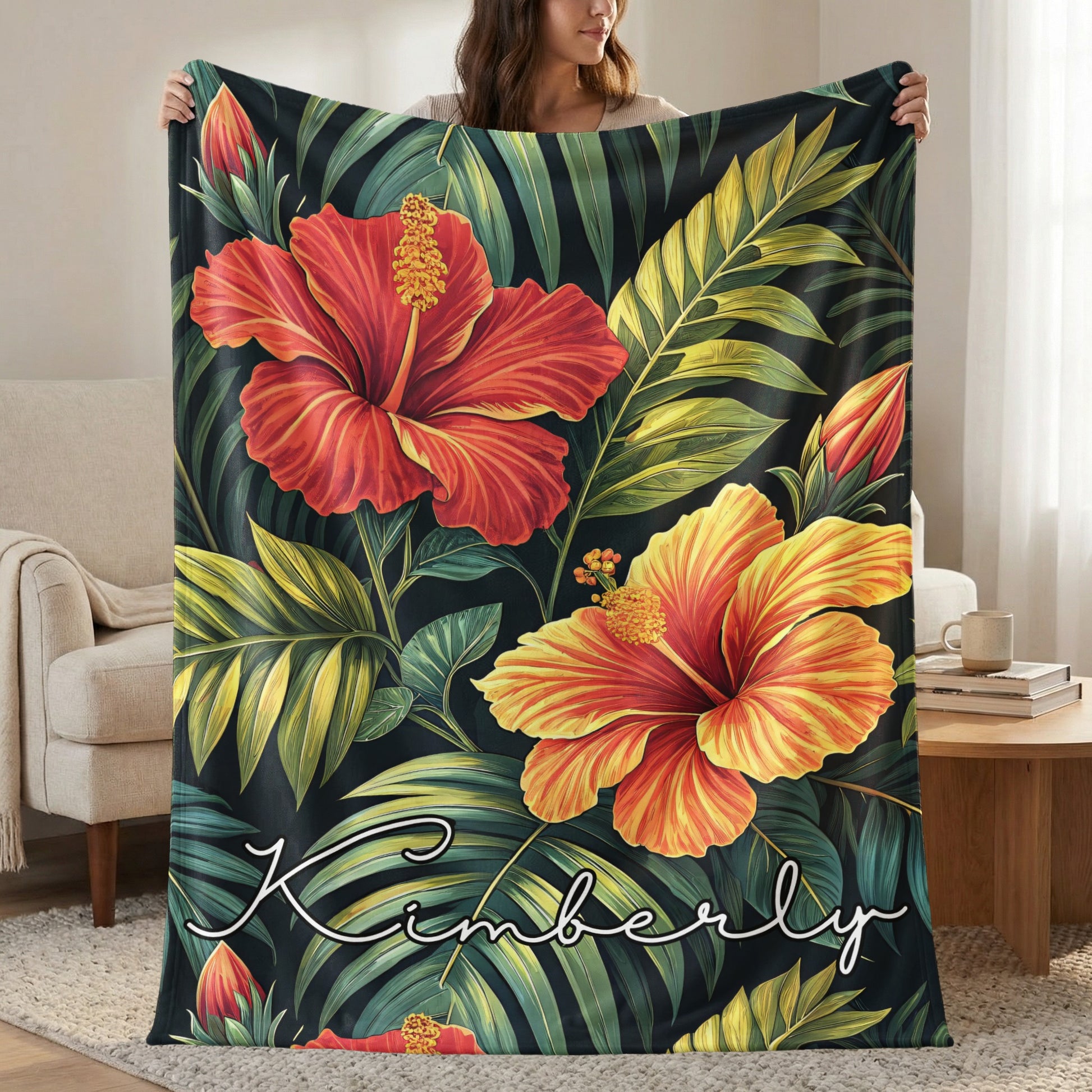 Tropical Hibiscus Flowers Custom Name Printed Blankets - Walk Greener