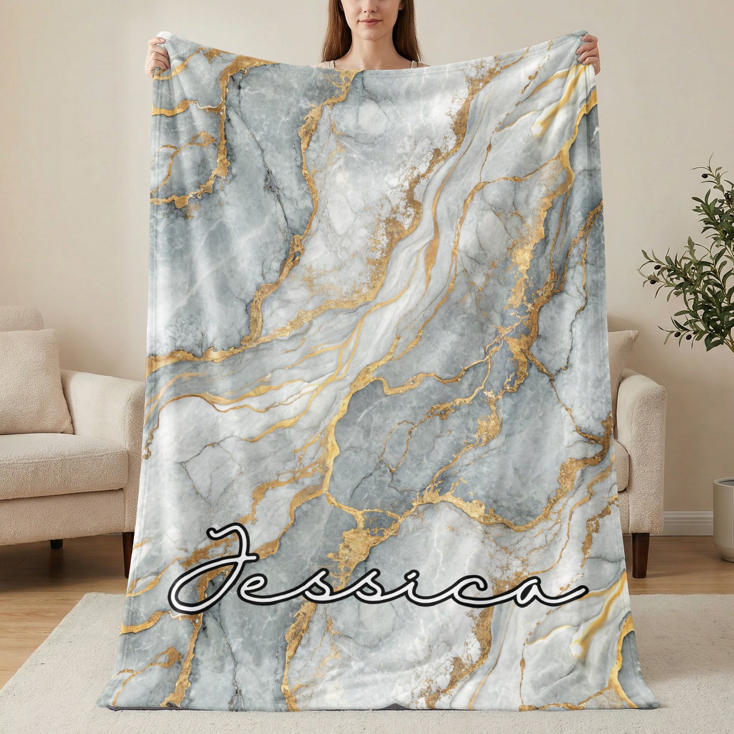 Gray Marble Veins of Gold Pattern Custom Name Blanket - Walk Greener