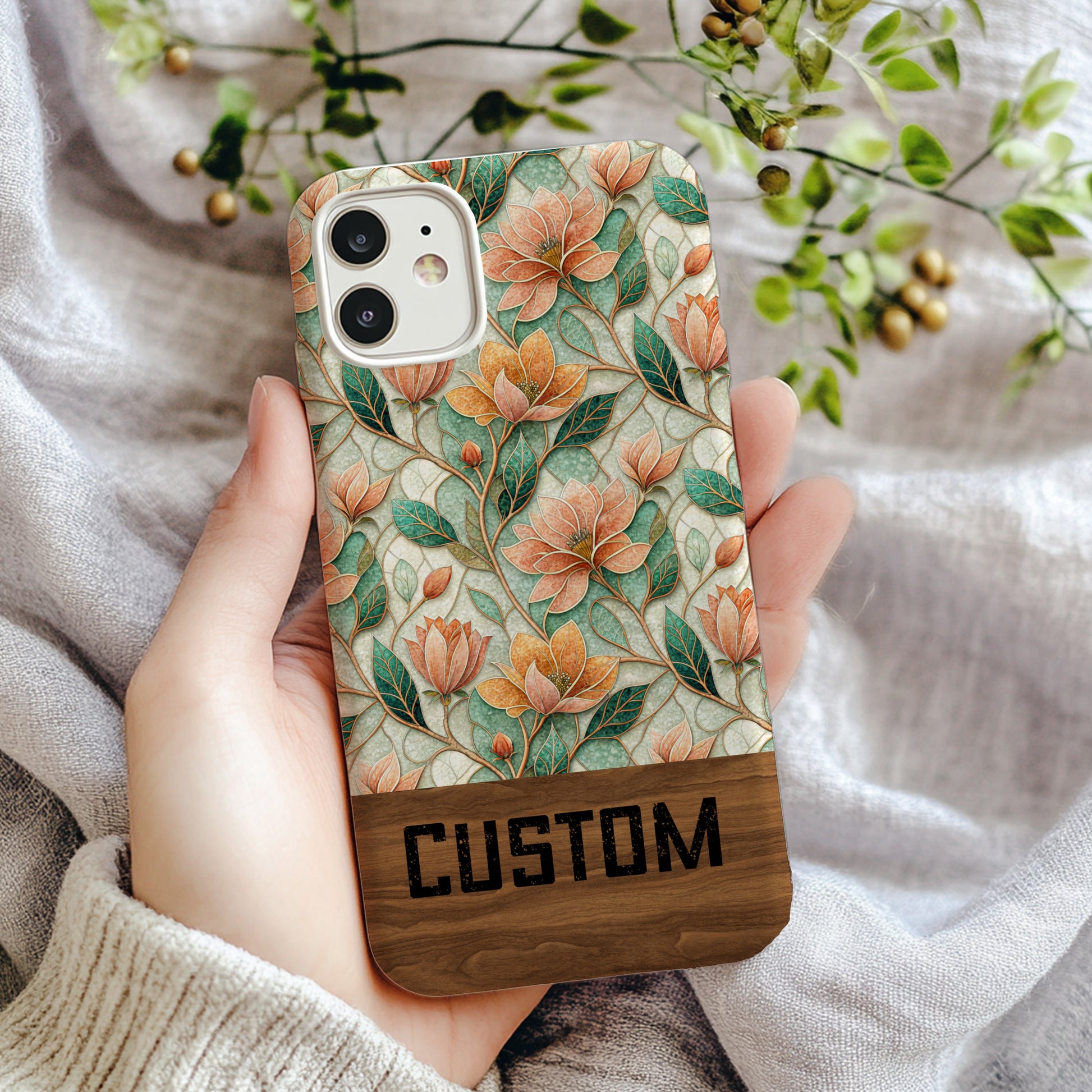 Custom Floral Pattern Phone Case with Wooden Accent