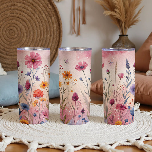 Watercolor Meadow Flowers and Butterflies 20 oz Skinny Tumbler - Walk Greener