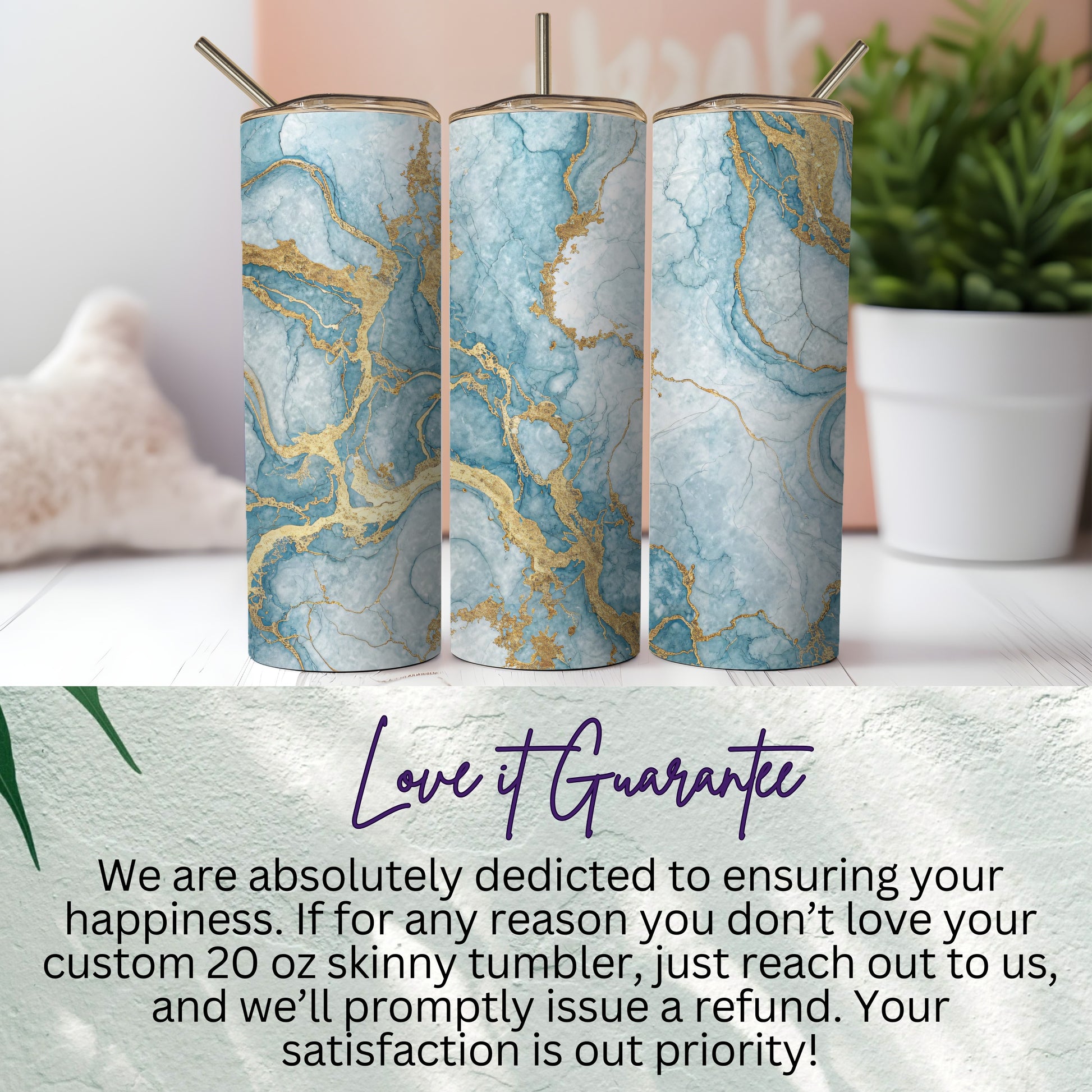 Custom 20 oz Skinny Tumbler Blue and Gold Marble Design