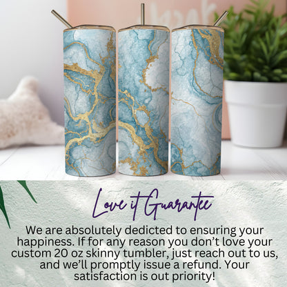 Custom 20 oz Skinny Tumbler Blue and Gold Marble Design