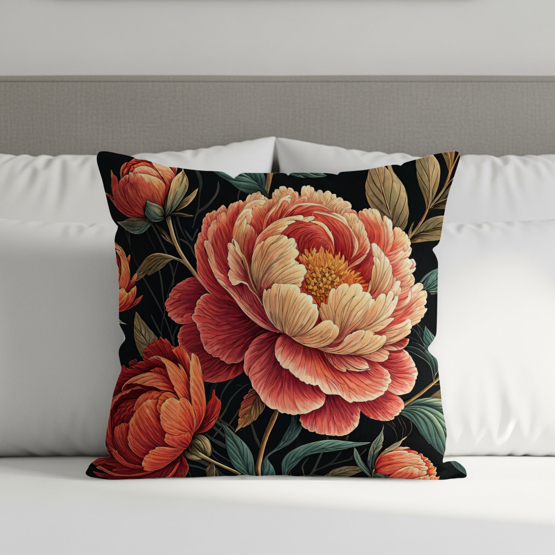 Lush Peonies on Dark Ground Decorative Floral Throw Pillows - Walk Greener