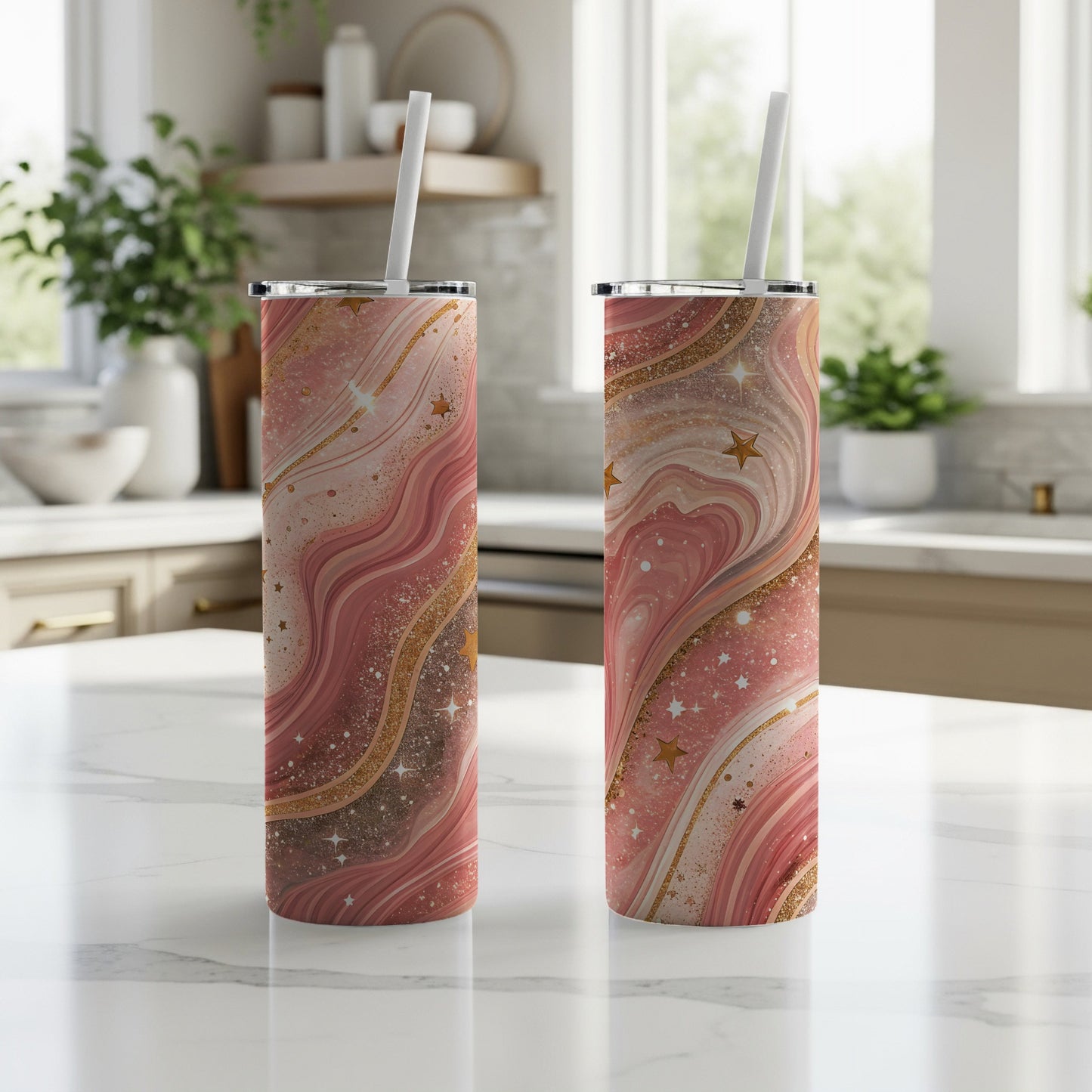 Pink and Gold Marble Swirl Starry Design Tumbler
