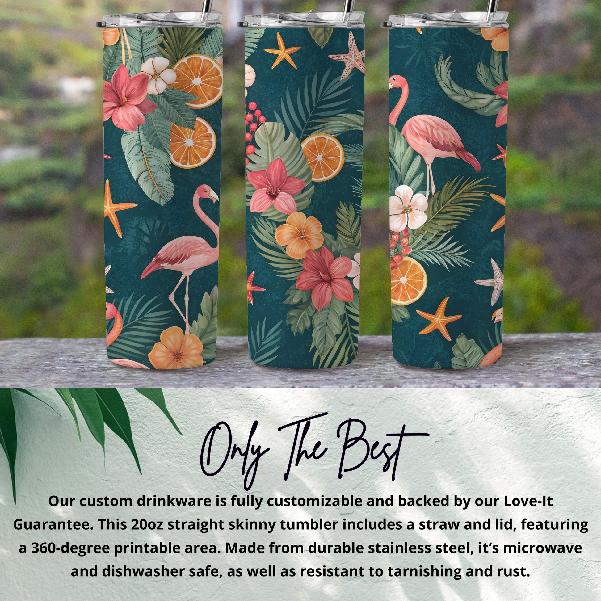 Tropical Floral and Flamingo Design Skinny Tumbler