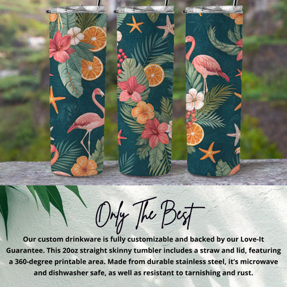 Tropical Floral and Flamingo Design Skinny Tumbler
