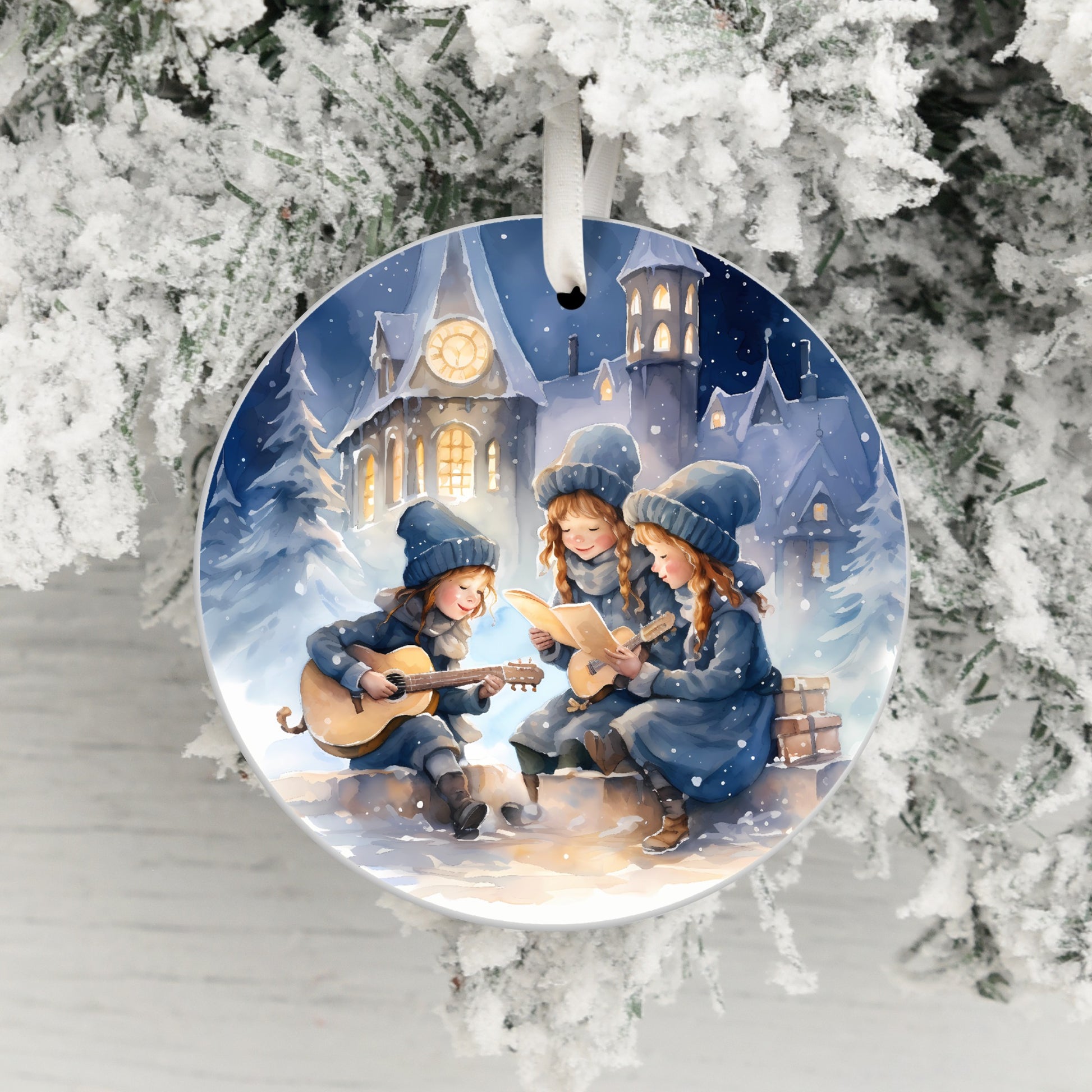 Snowy Night Caroling Scene Round Ornament product