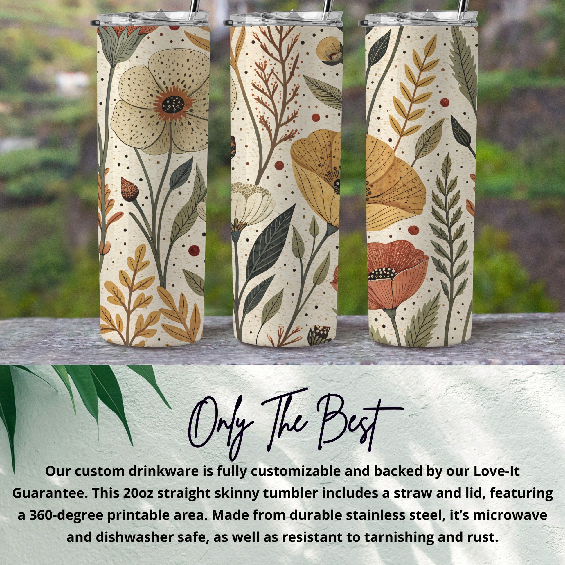 Elegant Floral Pattern with Earthy Tones 20 oz Skinny Tumbler - Walk Greener