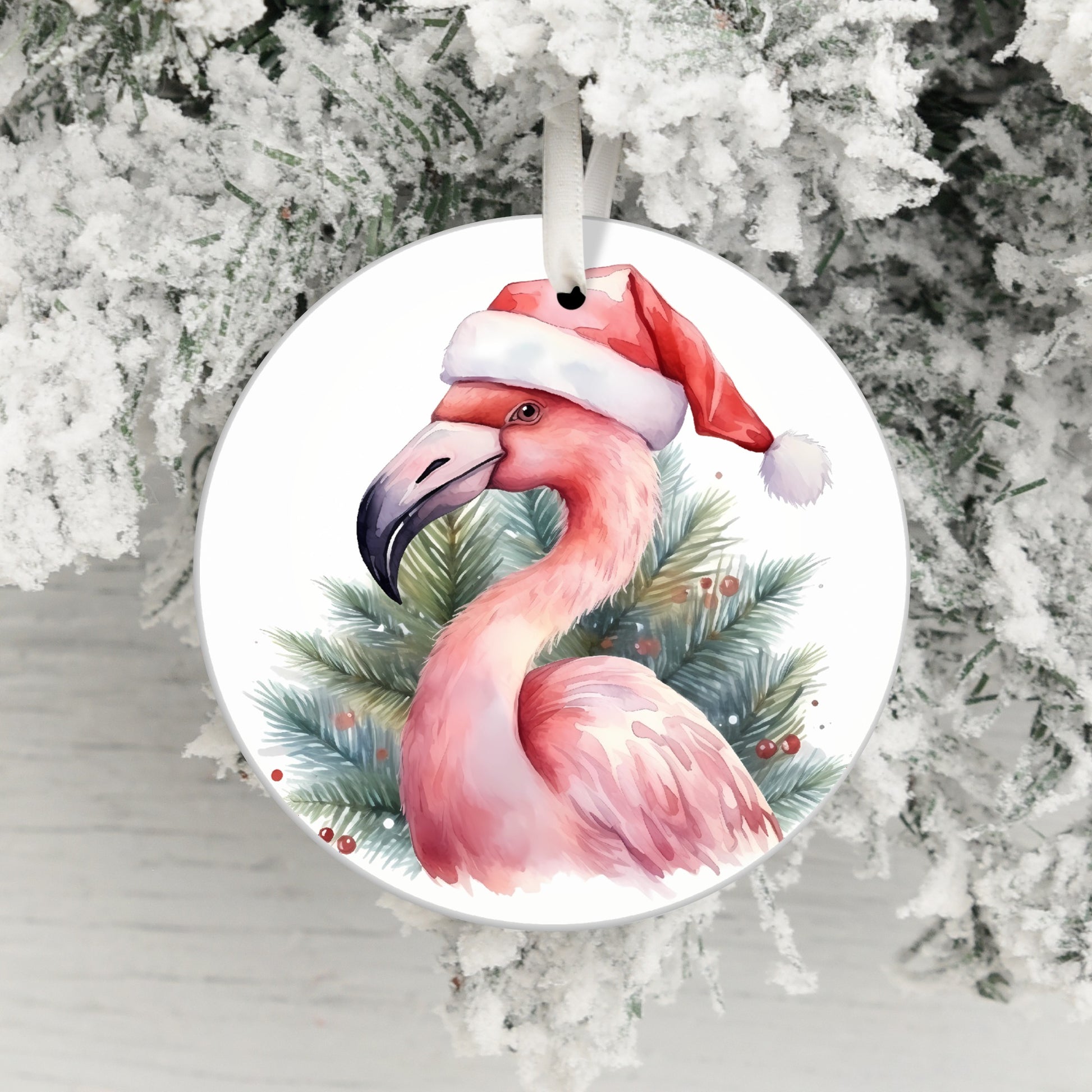 Festive Flamingo wearing Santa Hat Holiday Decor product