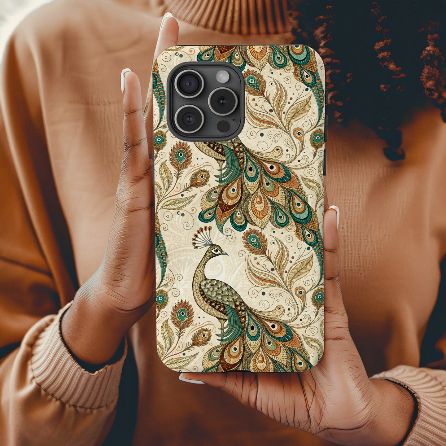 Elegant Peacock Design iPhone Case with Intricate Patterns